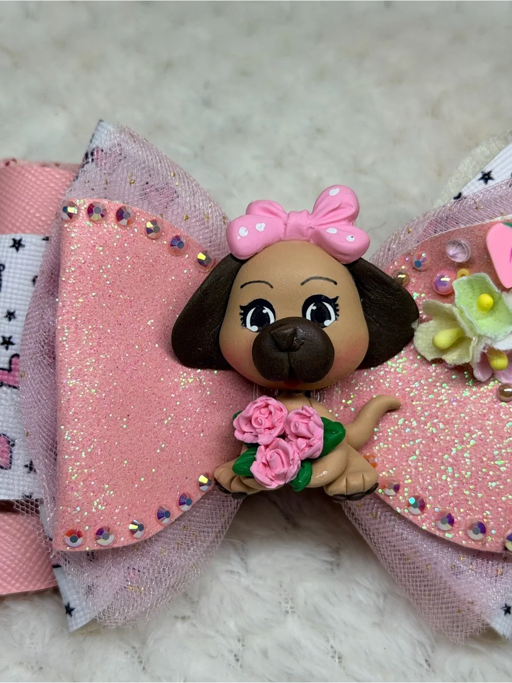 Pink Glitter Dog Bow with Flower Bouquet Center